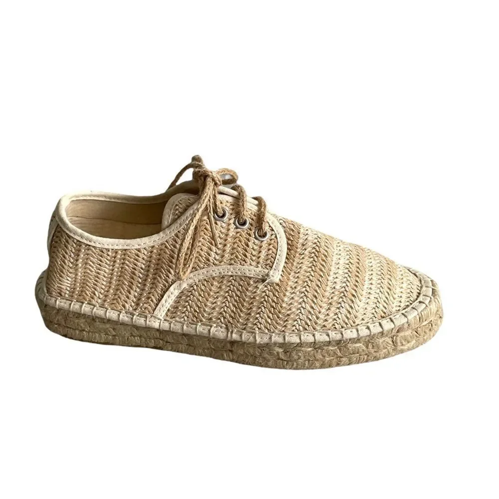 SCHUTZ Woven Flat Slip-On Lace Up Espadrilles Sandals Shoes Tan Straw 8